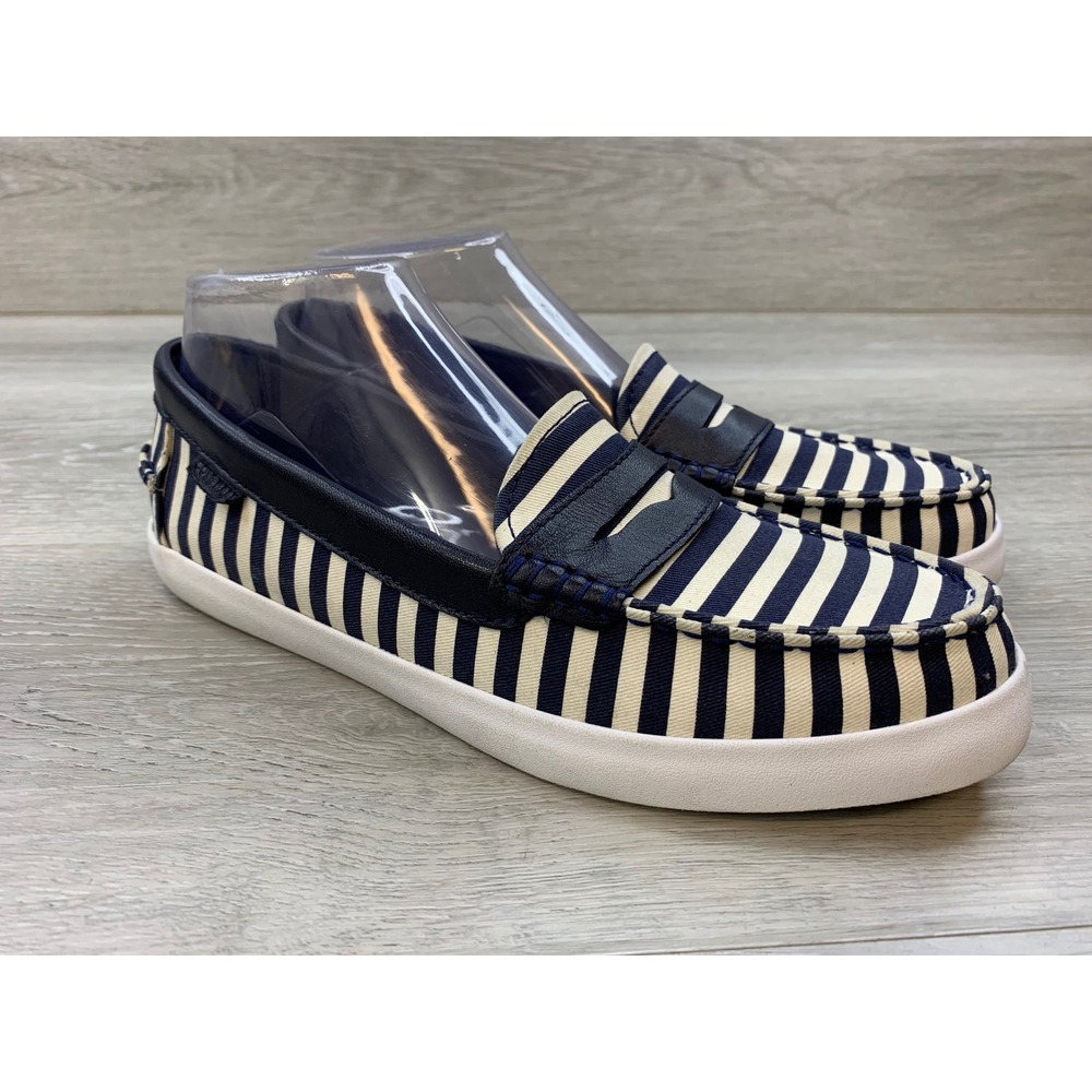 Cole Haan Grand.OS Navy White Striped Canvas Penny Loafers Women's 9 Shoes